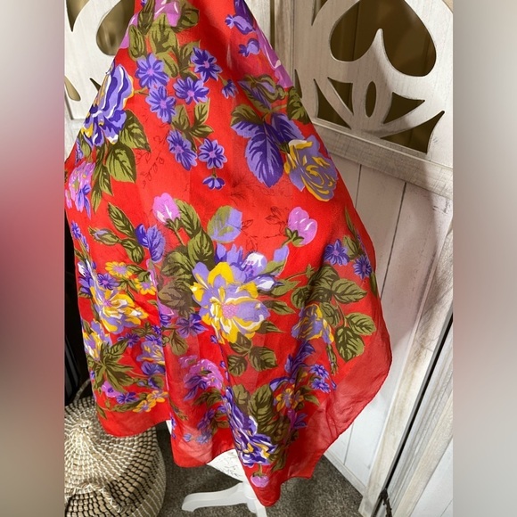 Satin Scarf Red Purple Multicolor Floral Square Medium 30in X 30in - Picture 3 of 3